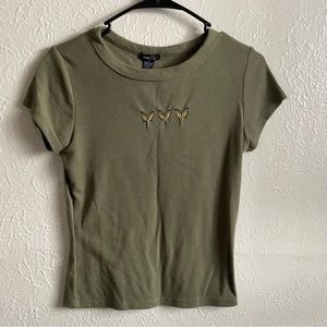 Large, army green Rue21 butterfly crop top